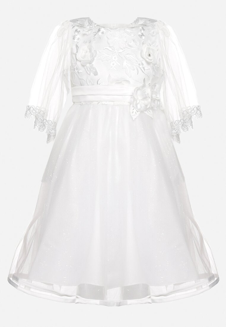 Biała Elegancka Sukienka z Kwiatowymi Aplikacjami Koronką i Tiulem Pirevala