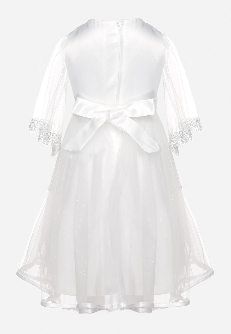 Biała Elegancka Sukienka z Kwiatowymi Aplikacjami Koronką i Tiulem Pirevala