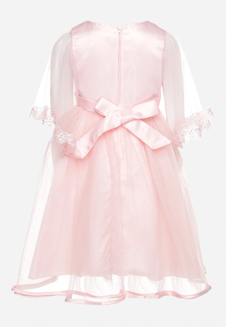 Różowa Elegancka Sukienka z Kwiatowymi Aplikacjami Koronką i Tiulem Pirevala