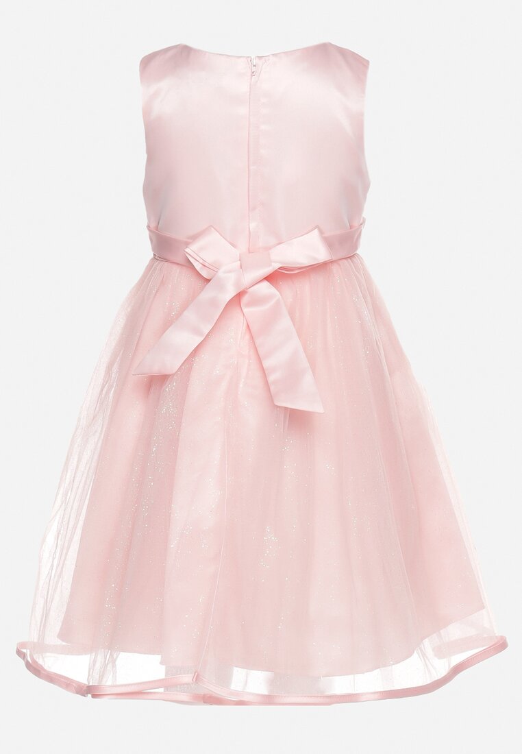 Jasnoróżowa Tiulowa Sukienka w Stylu Princeski z Aplikacjami 3D Piwira