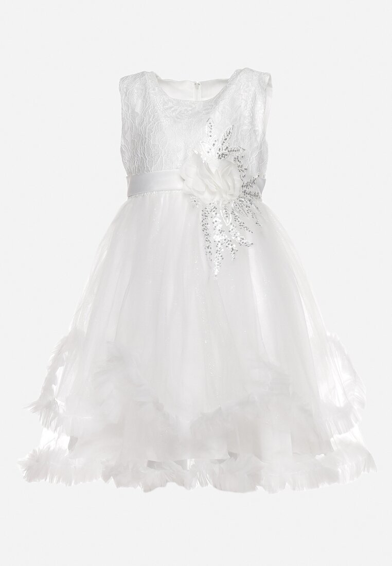 Biała Tiulowa Rozkloszowana Sukienka z Falbankami i Aplikacjami 3D na Pasku Nenella
