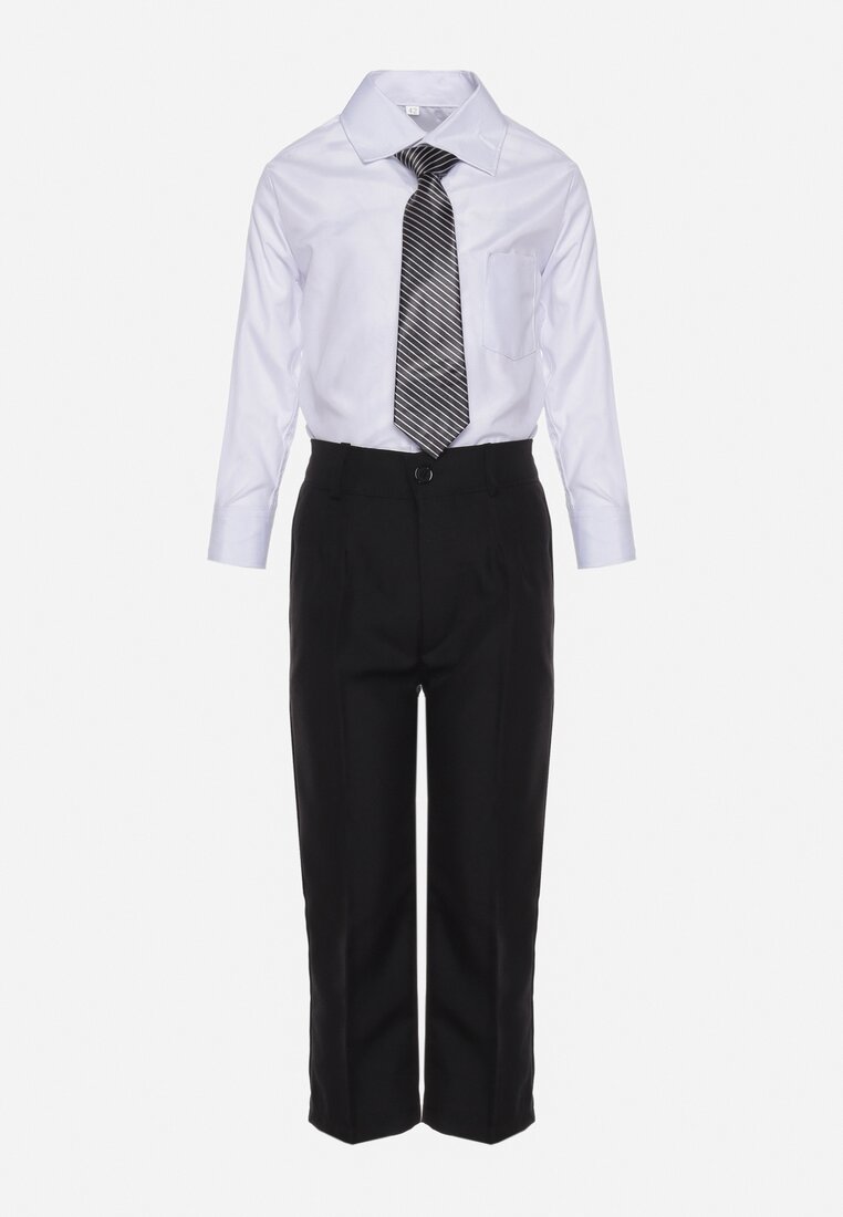 Czarny Komplet w Stylu Garniturowym Koszula z Krawatem i Kamizelką oraz Proste Spodnie Pixetta