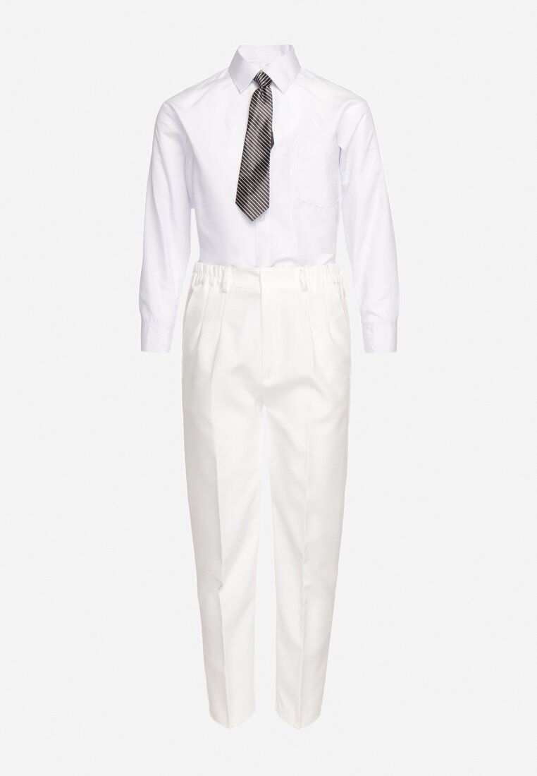 Biały Elegancki Komplet Garnitur Koszula z Guzikami Kamizelka Krawat Spodnie na Suwak oraz Marynarka na Guziki Aceriana