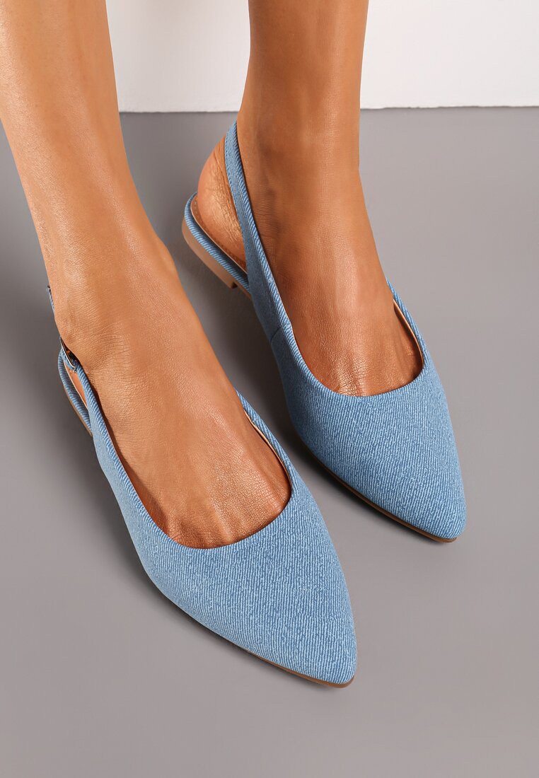 Niebieskie Płaskie Sandały bez Pięty Zapinane na Sprzączkę ze Szpiczastym Noskiem Ename