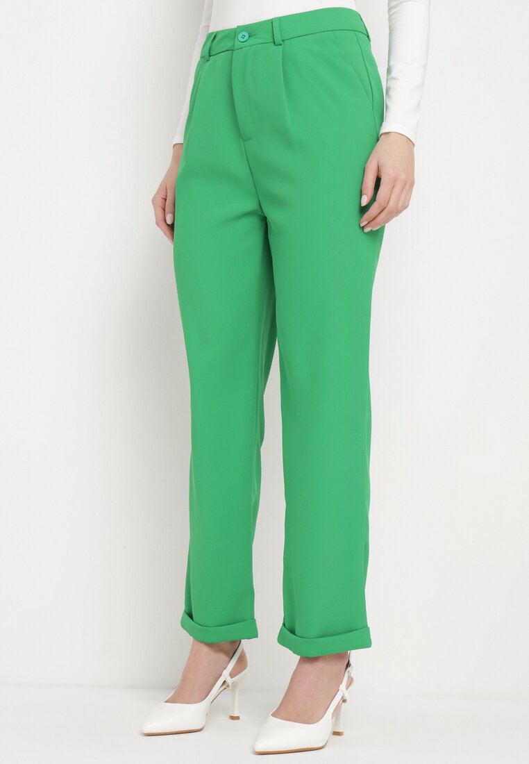 Zielone Spodnie o Klasycznym Fasonie z Podwiniętymi Nogawkami z Ukrytym Suwakiem Wilelma