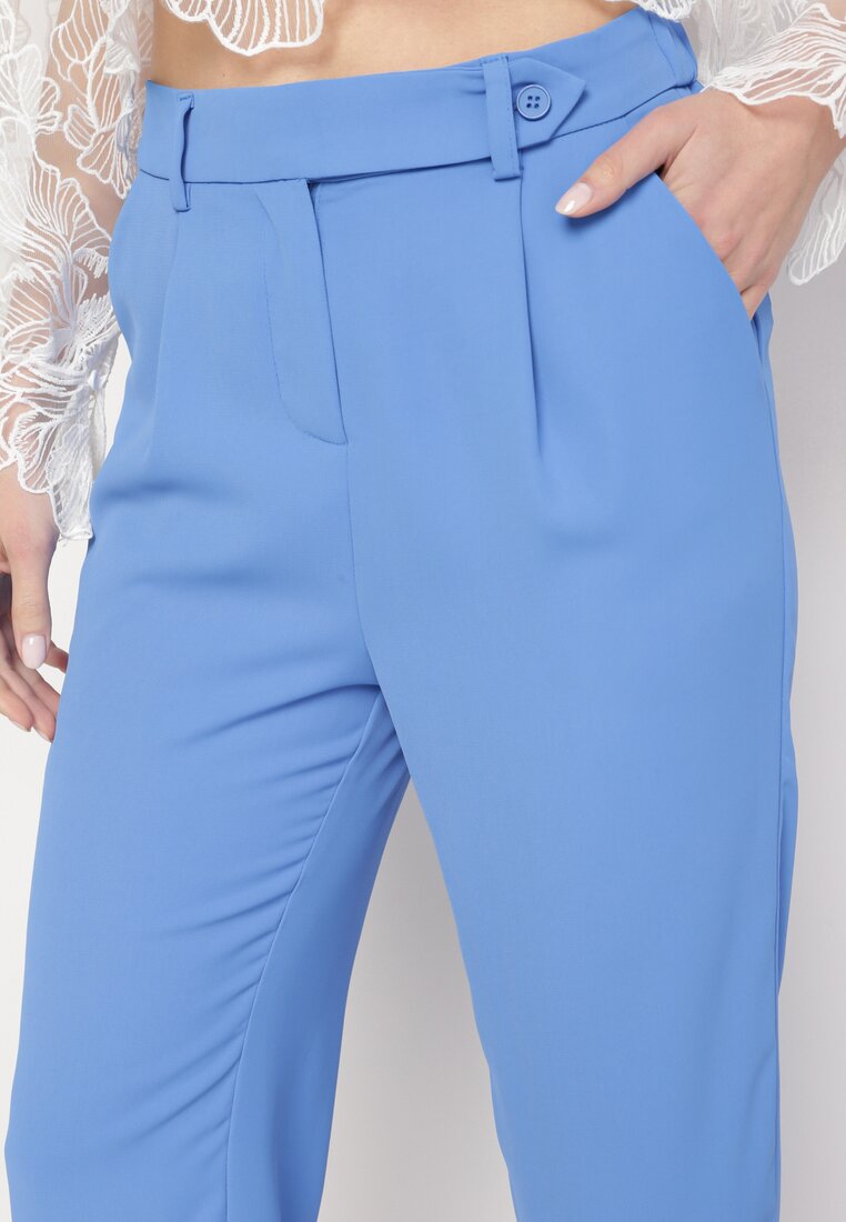 Niebieskie Eleganckie Spodnie z Wysokim Stanem z Prostymi Nogawkami i Gumką w Pasie Althema