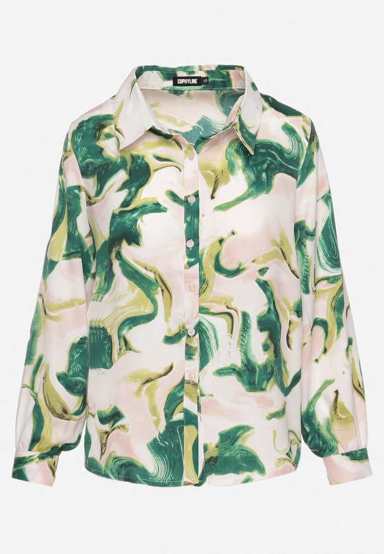 Beżowo-Zielona Koszula o Klasycznym Fasonie Ozdobiona Abstrakcyjnym Wzorem Zenailla