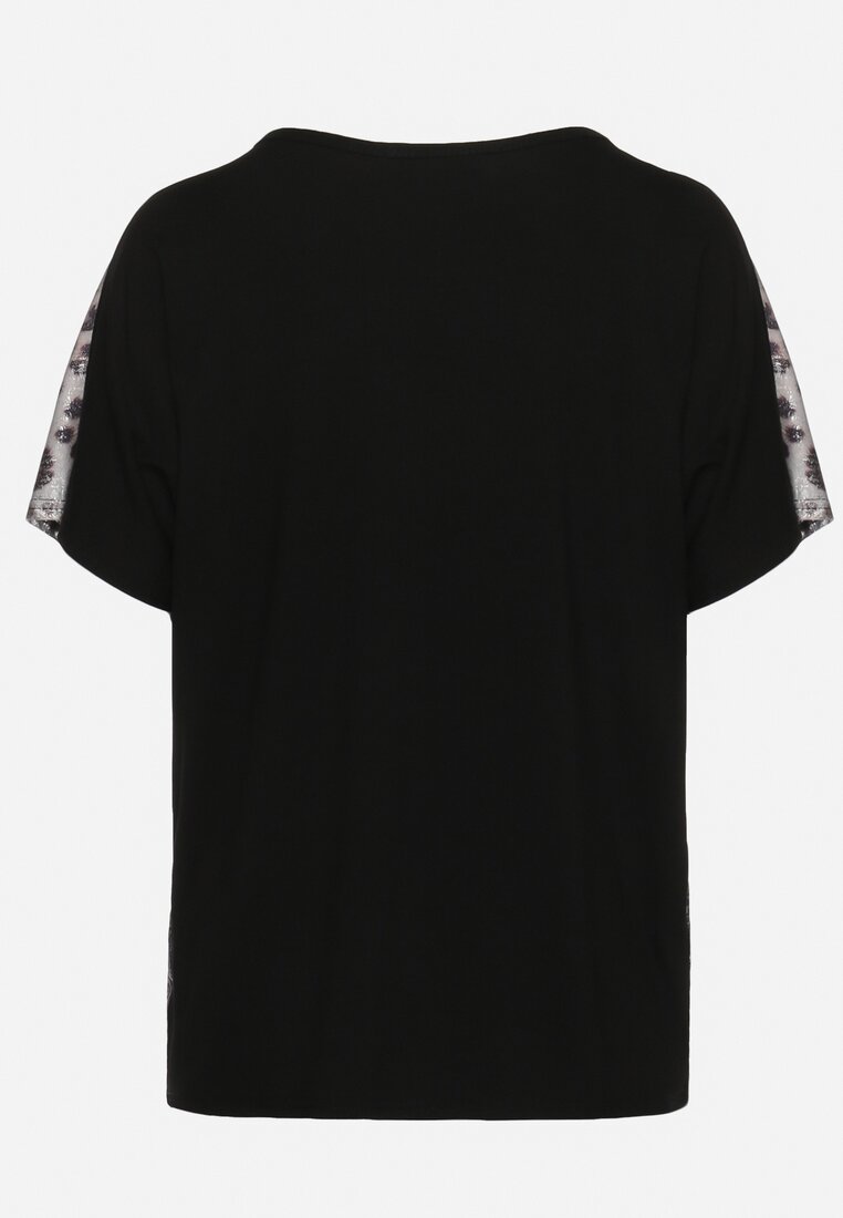 Czarny Bawełniany T-shirt o Fasonie Nietoperza z Metalicznym Nadrukiem Brielltia