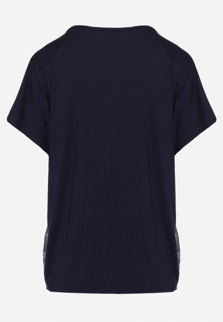 Granatowy Bawełniany T-shirt o Fasonie Nietoperza z Metalicznym Nadrukiem Brielltia