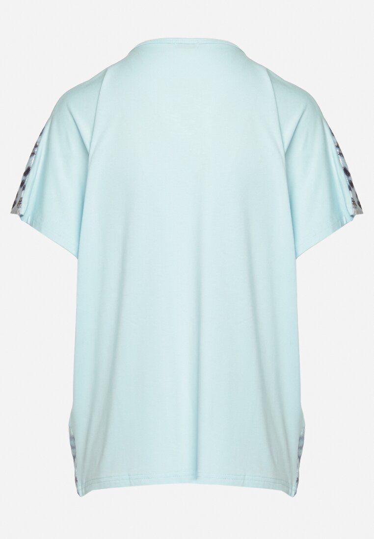 Jasnoniebieski Bawełniany T-shirt o Fasonie Nietoperza z Metalicznym Nadrukiem Brielltia