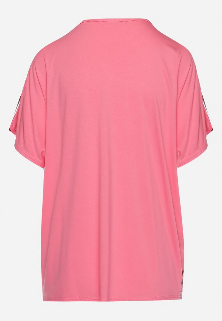 Różowy Bawełniany T-shirt z Krótkim Rękawem oraz Nadrukiem i Cyrkoniami Ridsa