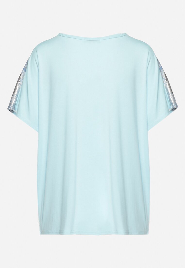 Jasnoniebieski Bawełniany T-shirt z Krótkim Rękawem oraz Nadrukiem i Cyrkoniami Ridsa