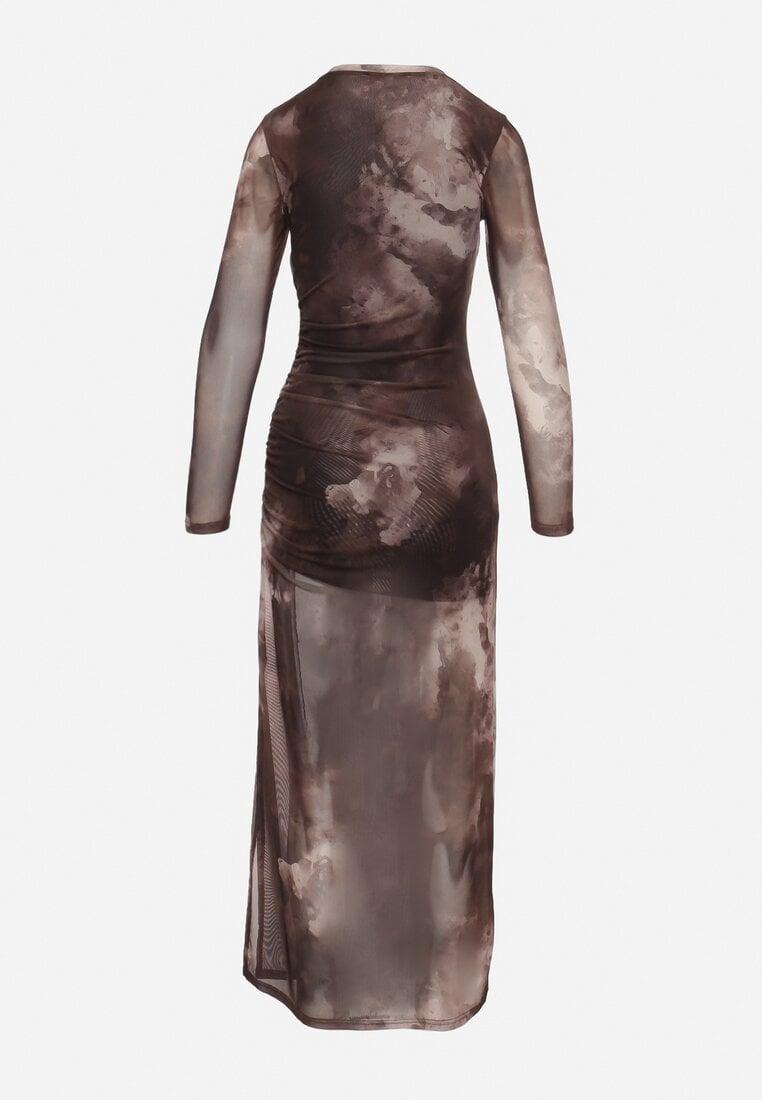 Brązowa Sukienka o Dopasowanym Fasonie Bodycon z Rozcięciem i Marmurkowym Wzorem Urientia
