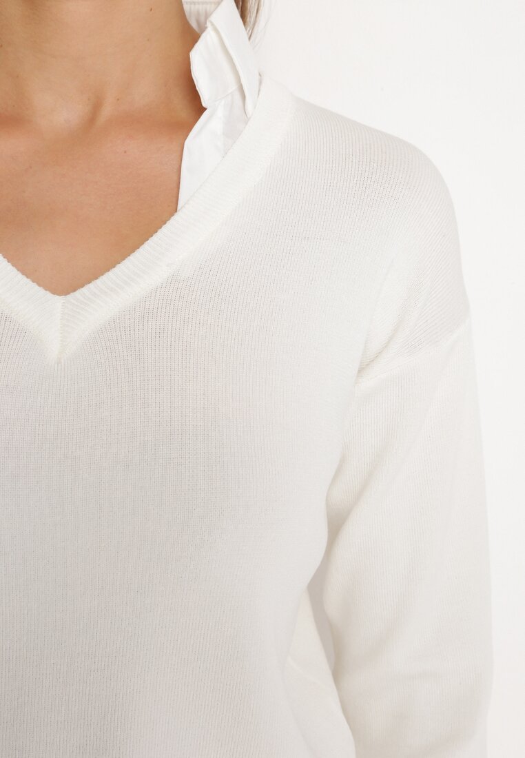 Biały Sweter z Koszulową Wstawką i Dekoltem w Serek Terviap