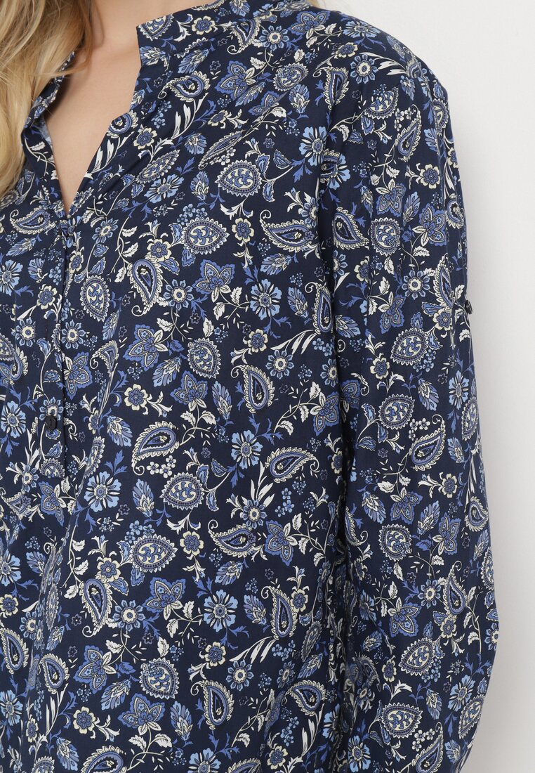 Granatowa Bluzka Bawełniana w Kwiatowy Print z Guzikami Lontia