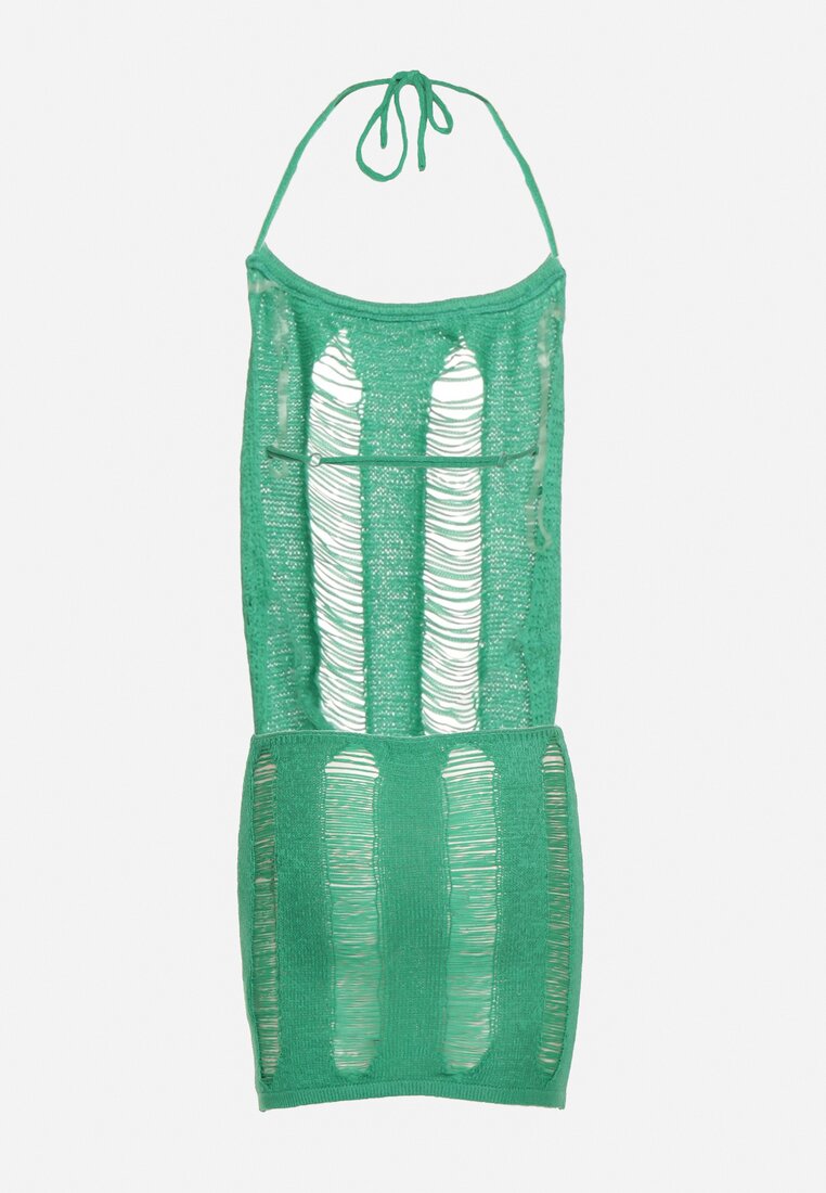Zielona Dopasowana Sukienka Ażurowa Mini z Wiązaniem na Szyi Avanthika