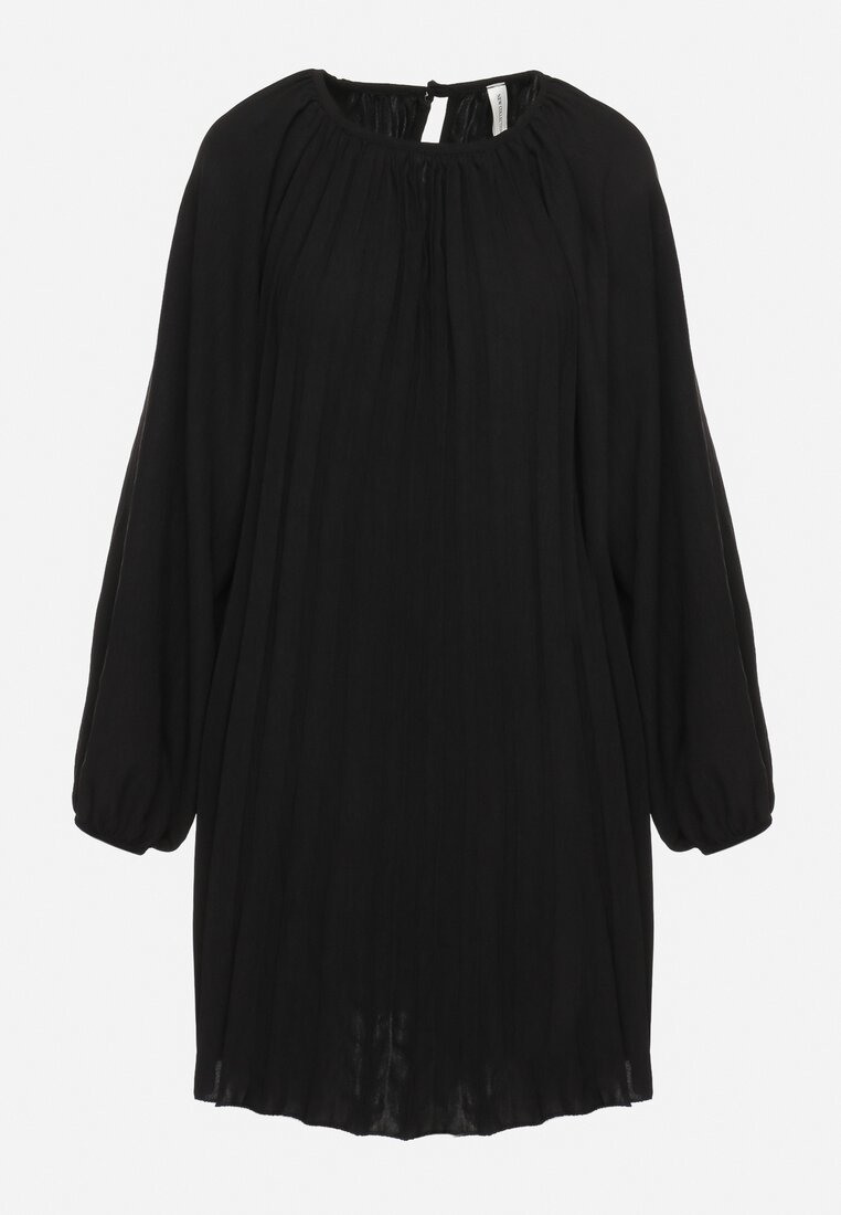 Czarna Plisowana Sukienka z Bufiastymi Rękawami Perlase