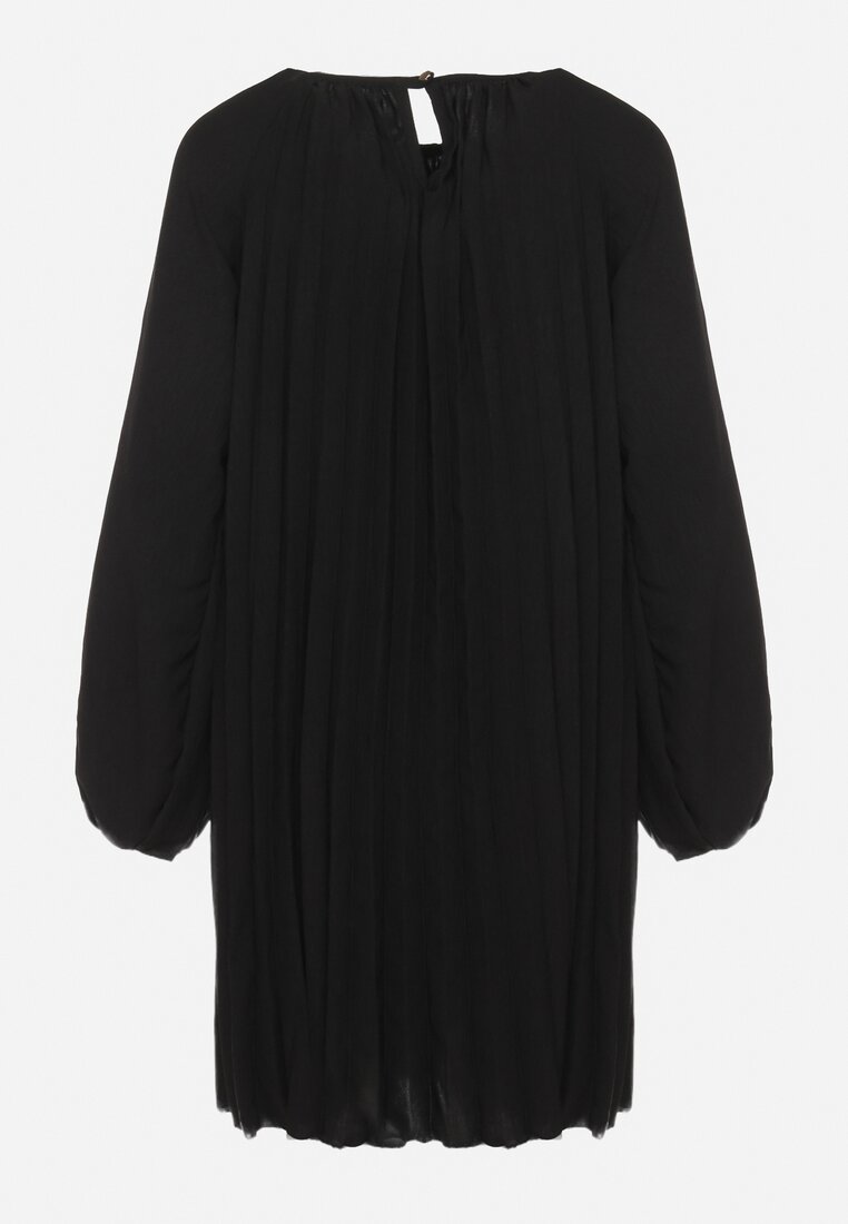 Czarna Plisowana Sukienka z Bufiastymi Rękawami Perlase