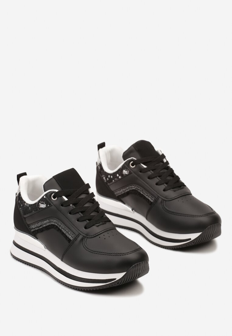 Czarne Sneakersy z Brokatowymi Wstawkami i Piankową Podeszwą Oriontia