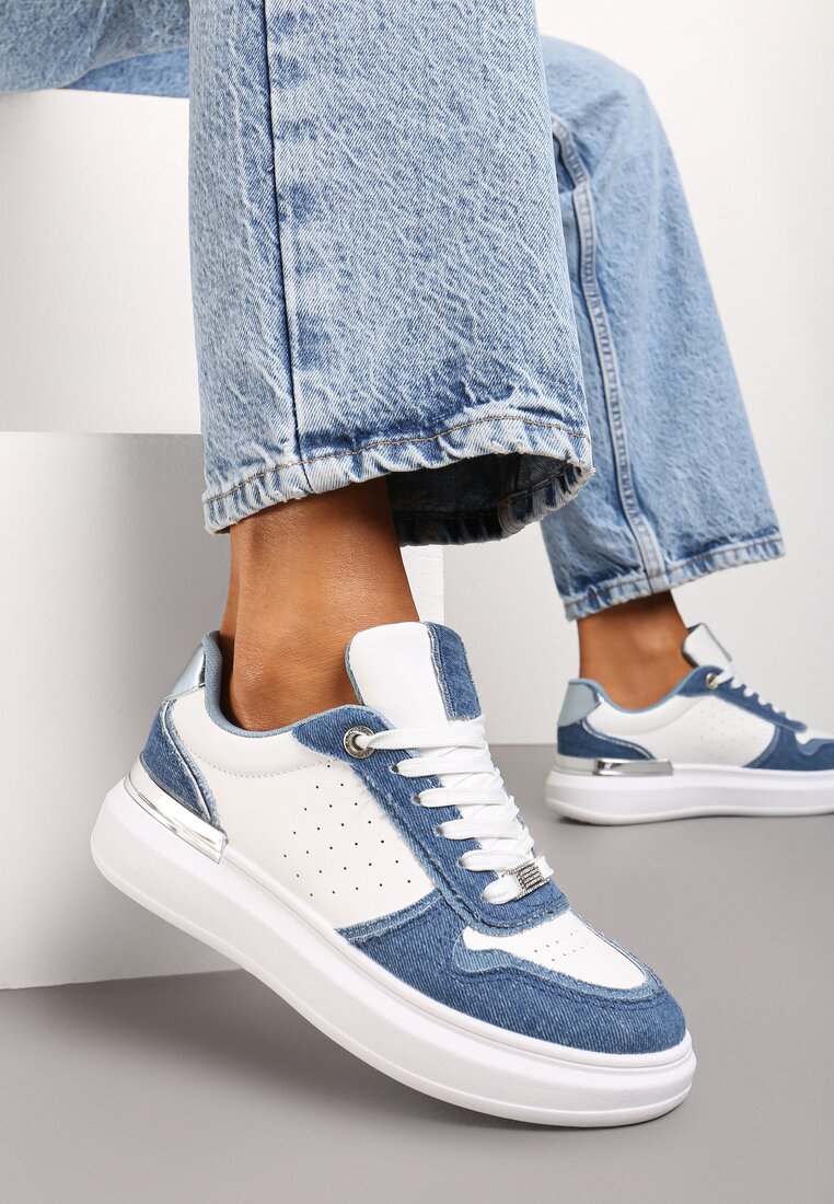 Biało-Niebieskie Sneakersy na Platformie z Materiałowymi Wstawkami i Cyrkoniami Przy Sznurówkach Nylith