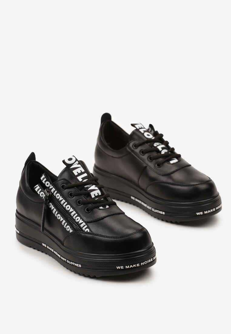 Czarne Sznurowane Sneakersy na Grubej Podeszwie ze Skórzaną Wkładką Napisami i Dekoracyjnym Suwakiem Iriane