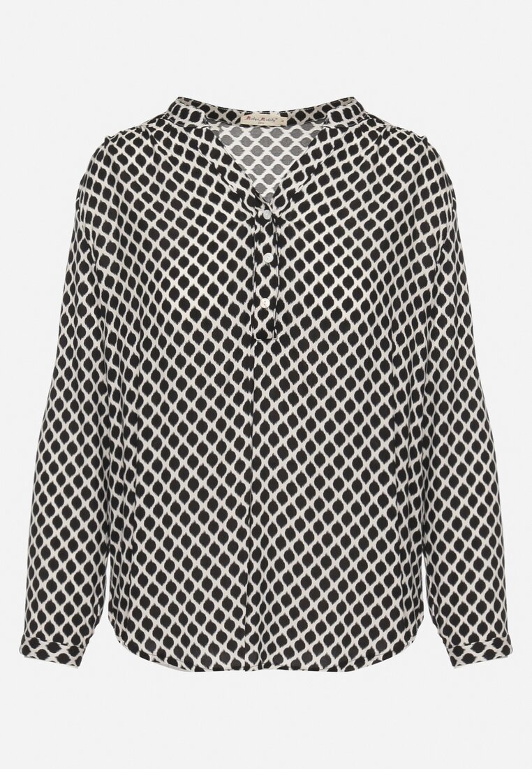 Czarna Bluzka Koszulowa z Wiskozy w Mozaikowy Wzór Aalius