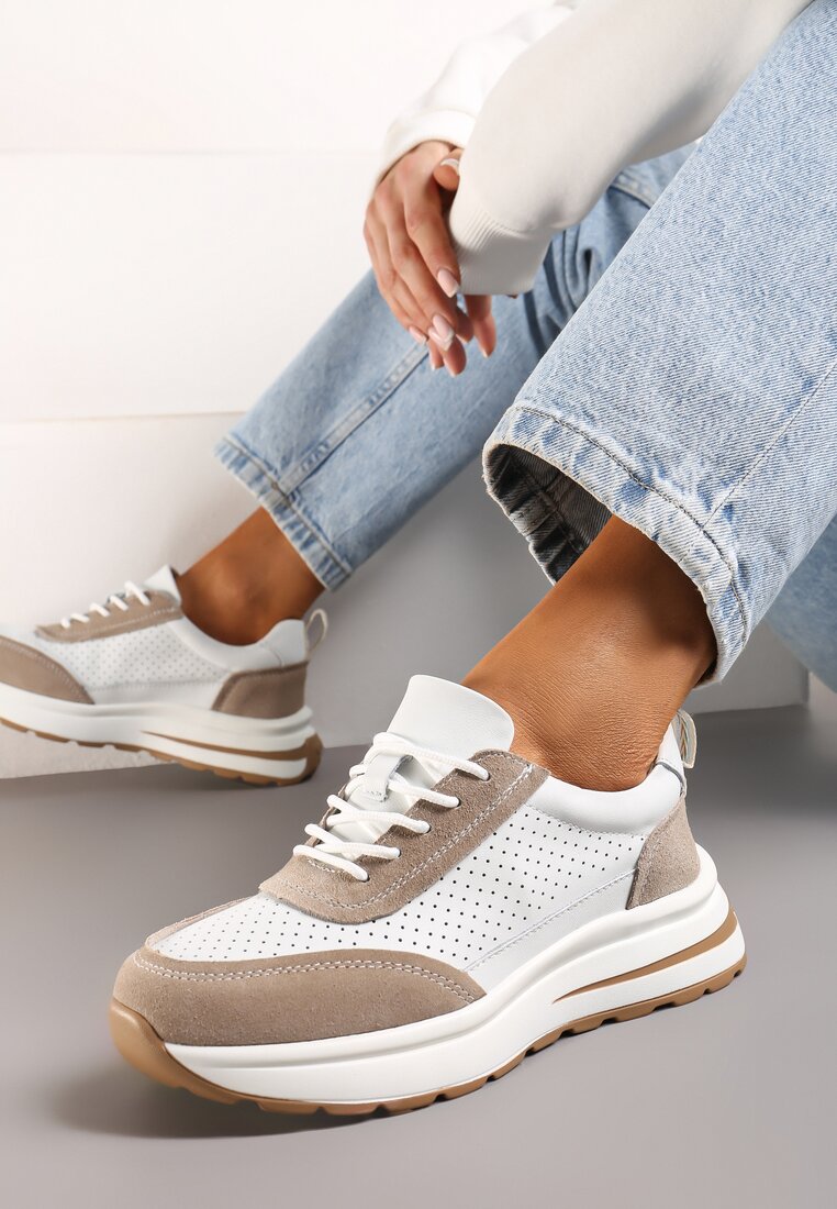 Biało-Brązowe Sneakersy ze Skóry Naturalnej Ozdobione Perforacją  Agoxia