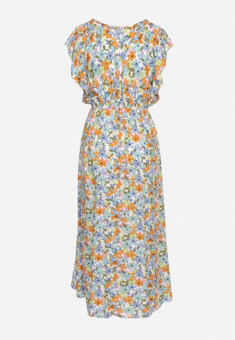 Jasnoniebieska Bawełniana Sukienka w Kwiatowy Wzór z Gumką w Pasie Varenlla