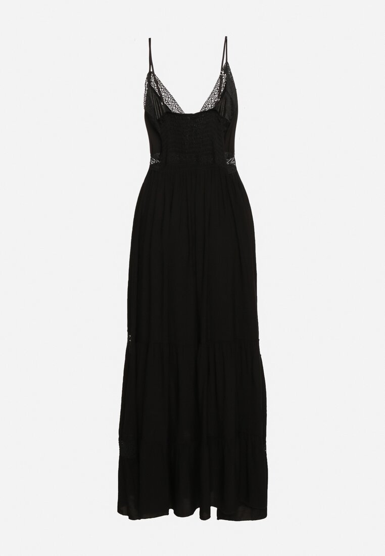 Czarna Bawełniana Sukienka Maxi na Ramiączkach o Rozkloszowanym Fasonie Vitarepa