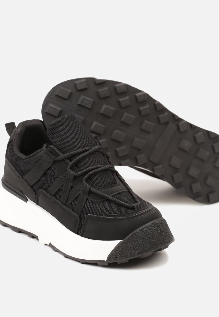 Czarne Klasyczne Sznurowane Sneakersy przed Kostkę na Grubej Podeszwie Haelen
