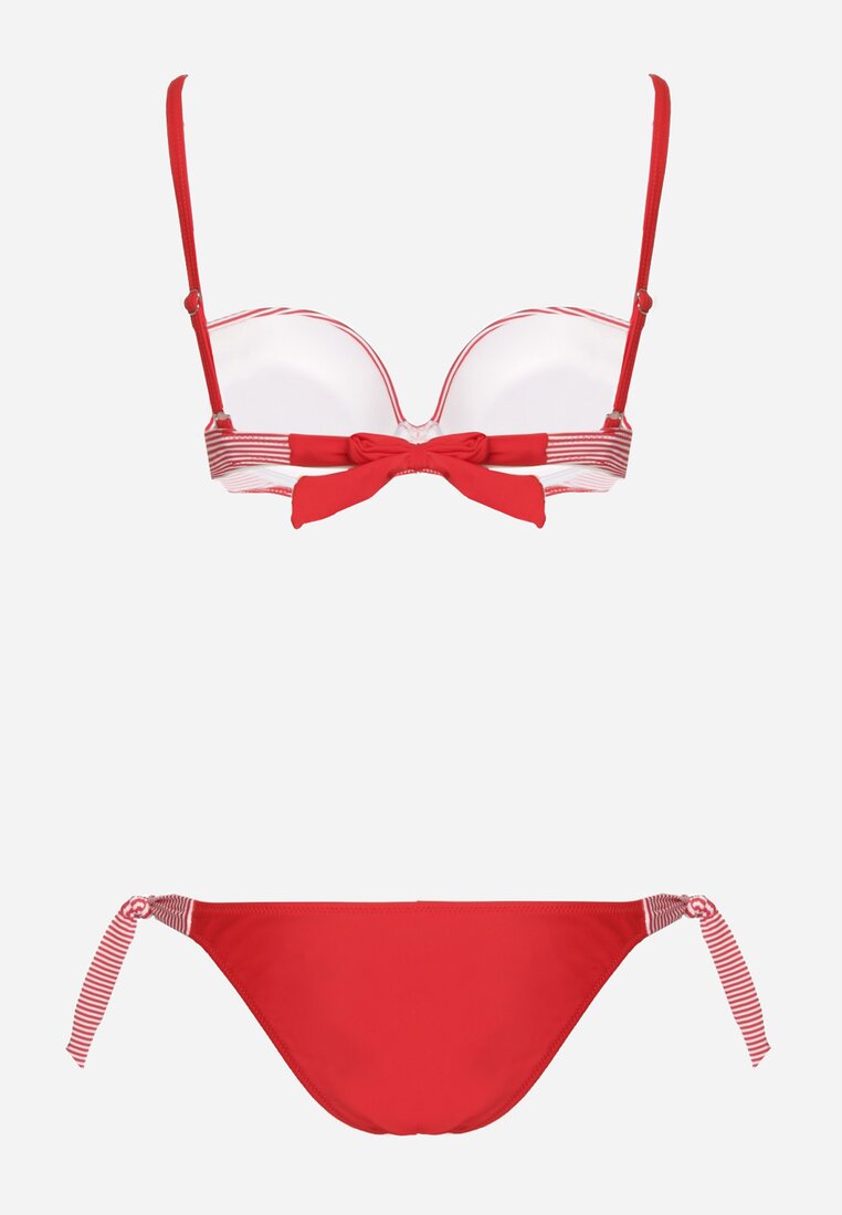 Czerwone Dwuczęściowe Bikini z Marszczeniami i Ozdobnym Przeszyciem Folles