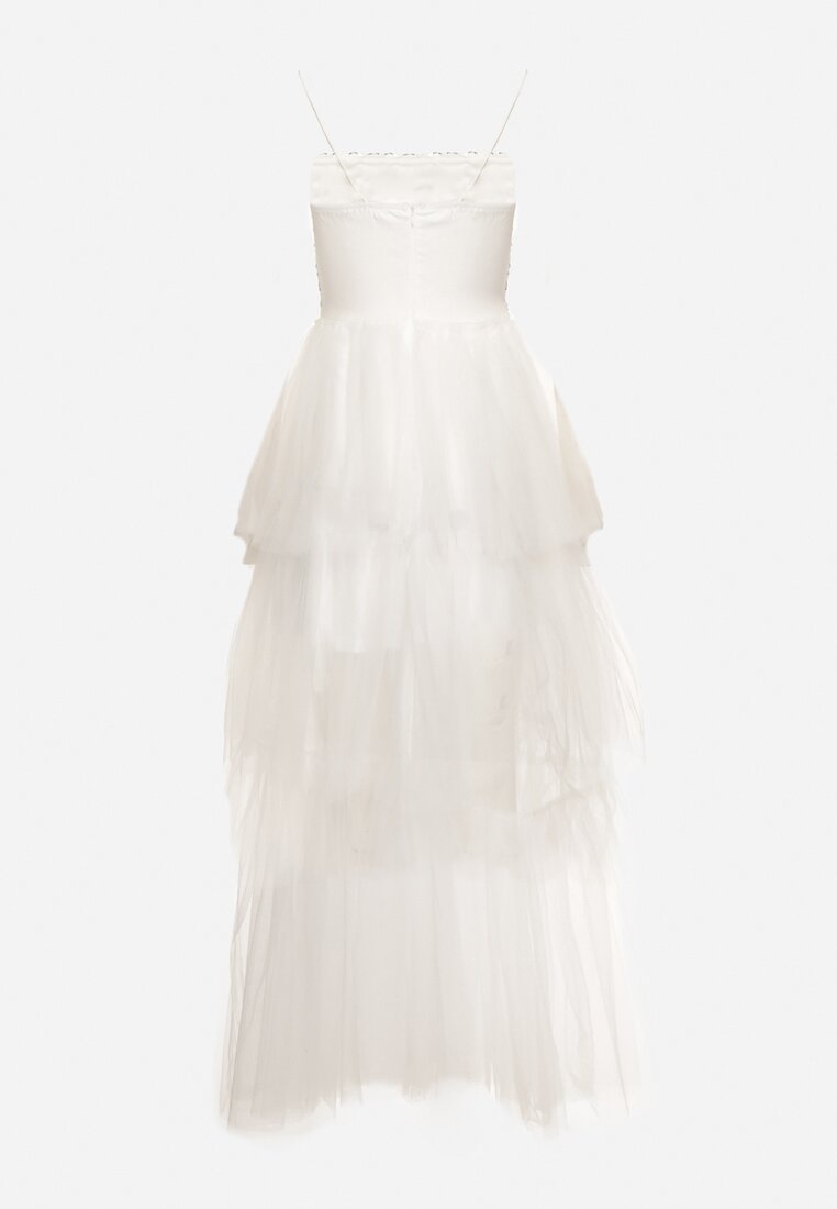 Biała Sukienka Maxi z Tiulowymi Falbanami i Ozdobnymi Cekinami Joliette
