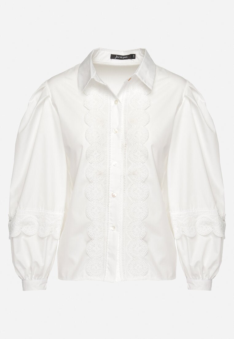 Biała Bawełniana Koszula z Bufiastymi Rękawami i Ażurowymi Lamówkami Adarphona