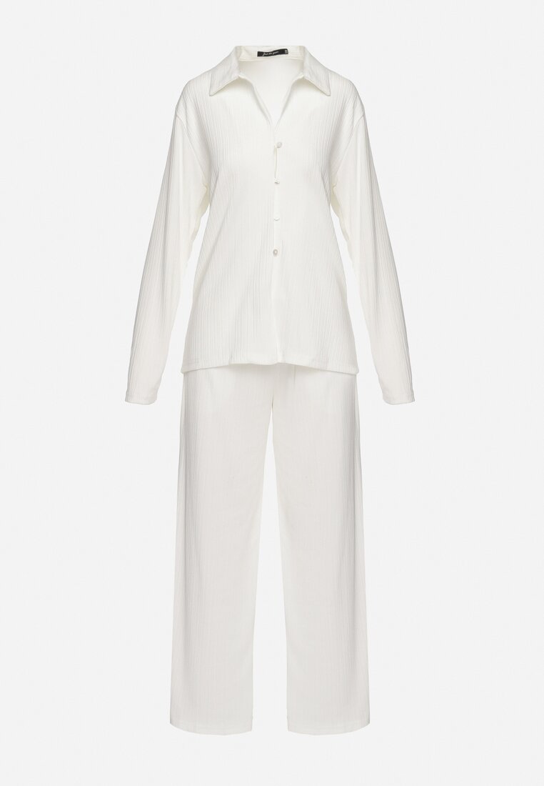 Biały 2-częściowy Komplet z Koszulą i Szerokimi Spodniami Anscuro