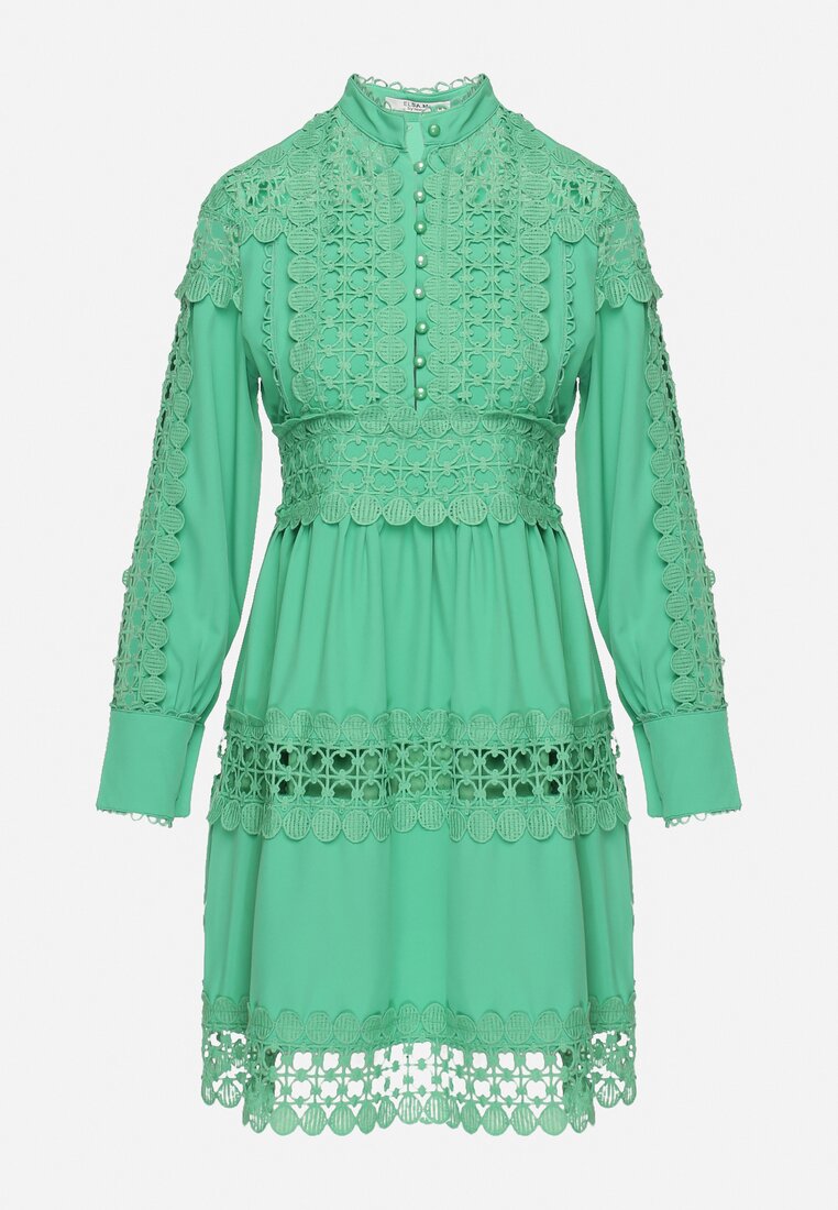 Zielona Sukienka z Koronką i Guzikami przy Dekolcie Thompson