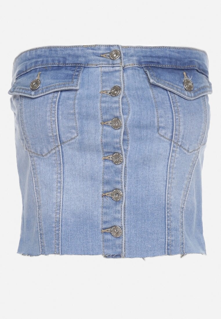 Niebieski Dopasowany Top Jeansowy Zapinany na Guziki Undarias