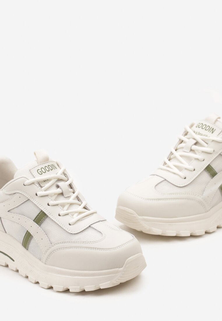 Biało-Zielone Sneakersy ze Skóry Naturalnej z Siateczkowymi Wstawkami Erighid