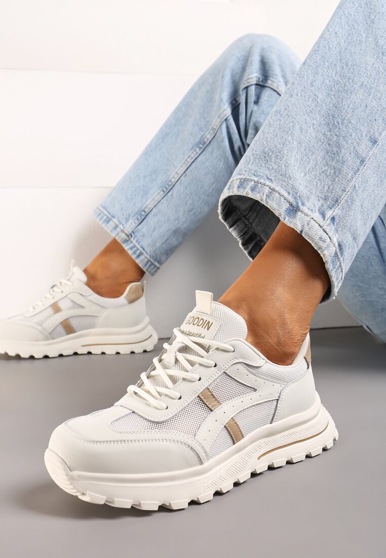 Biało-Brązowe Sneakersy ze Skóry Naturalnej z Siateczkowymi Wstawkami Erighid