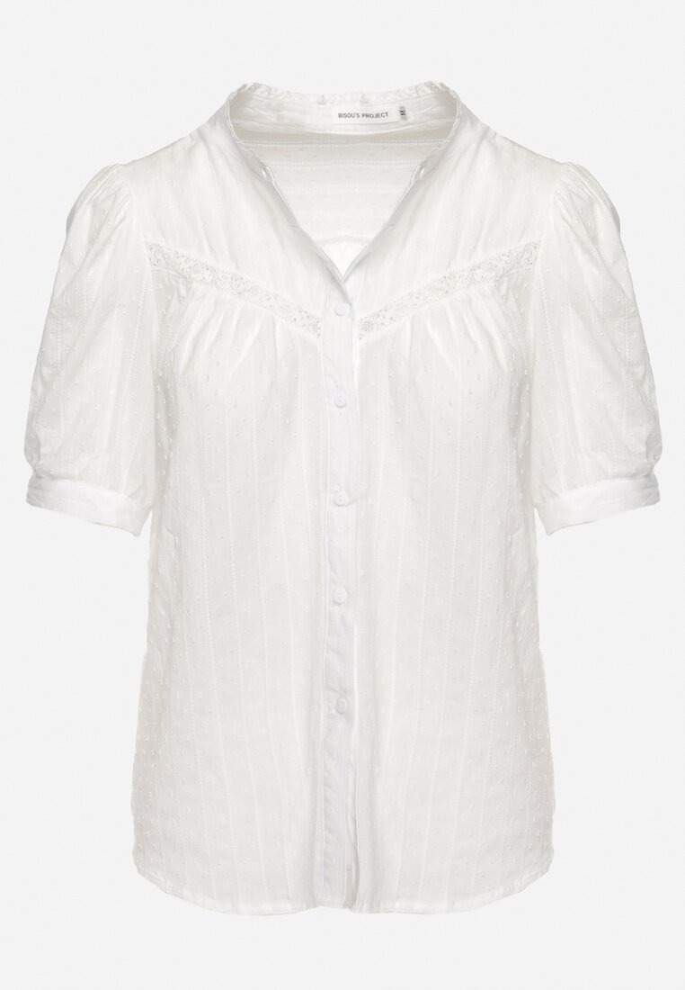 Biała Koszula Bawełniana z Krótkim Lekko Bufiastym Rękawem i Stójką Heapopia