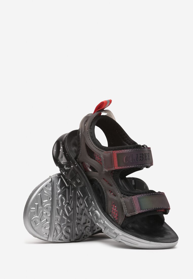 Czarno-Czerwone Sandały Sportowe z Rzepami i Tłoczoną Podeszwą Ginkoa