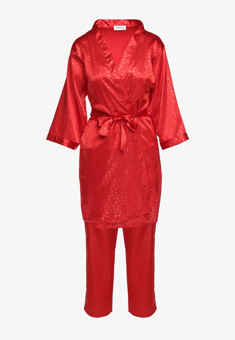 Czerwony 6-częściowy Komplet Piżamowy Szlafrok, Koszula Nocna Spodnie Top Szorty i Opaska Kirosa