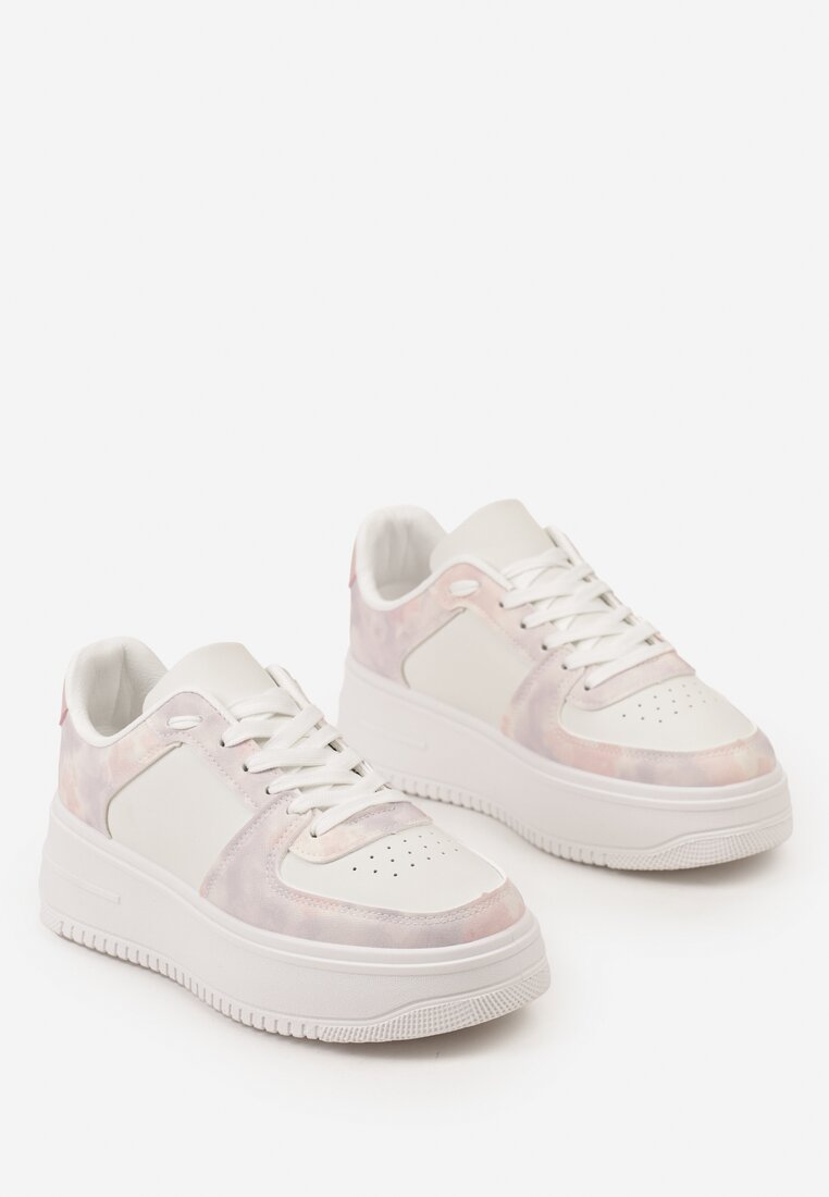 Biało-Różowe Sneakersy na Platformie z Kolorowymi Wstawkami i Perforacją Chanettia