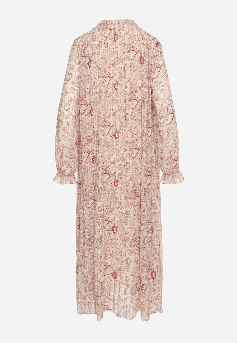 Jasnobeżowa Sukienka Plisowana o Rozkloszowanym Kroju w Print Paisley z Wiązaniem na Dekolcie Rosamuna