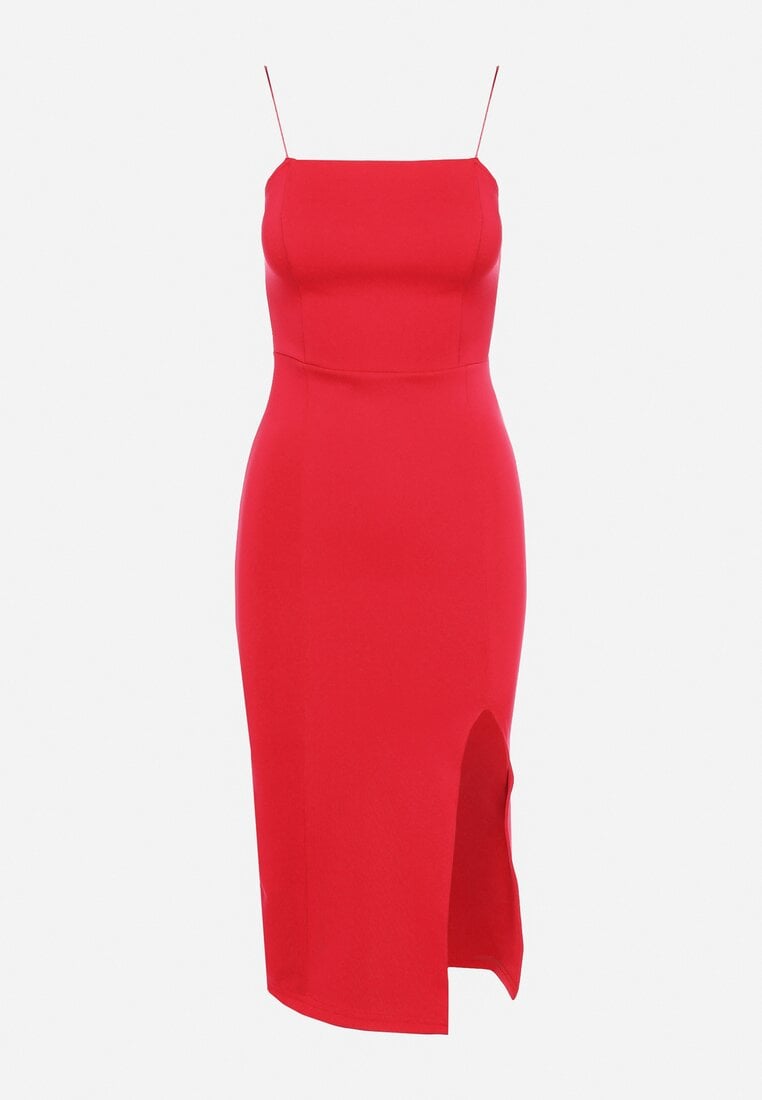 Czerwona Koktajlowa Sukienka Bodycon na Cienkich Ramiączkach z Rozcięciem Melantia