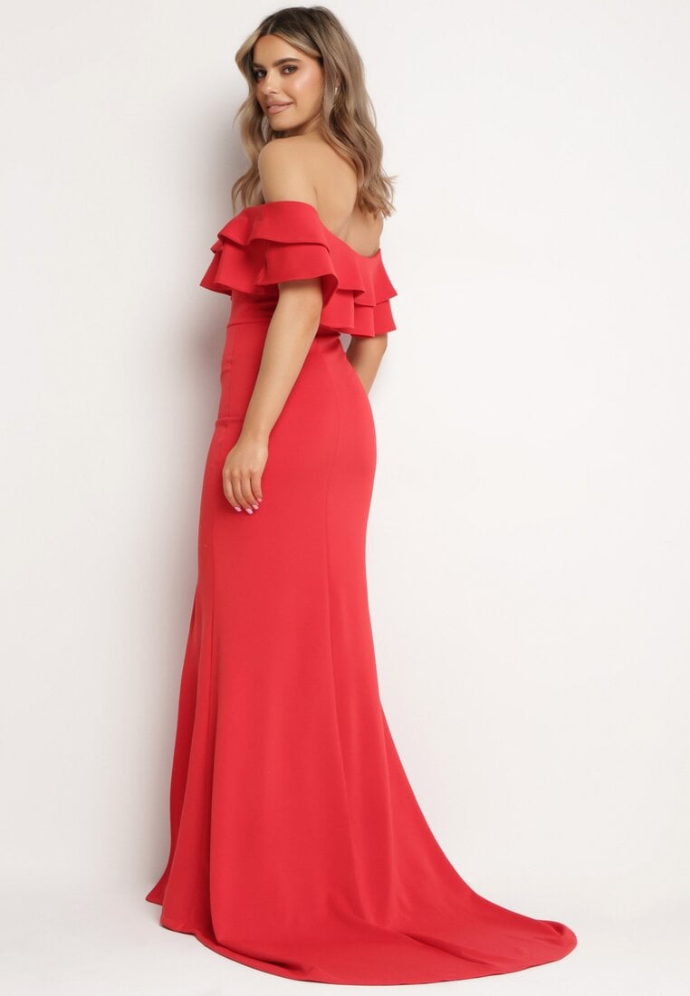 Czerwona Elegancka Sukienka Typu Hiszpanka z Rozkloszowanym Dołem i Wycięciami Tumini