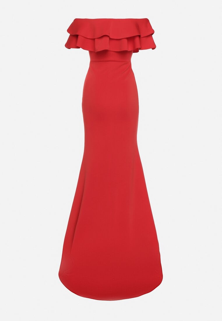 Czerwona Elegancka Sukienka Typu Hiszpanka z Rozkloszowanym Dołem i Wycięciami Tumini