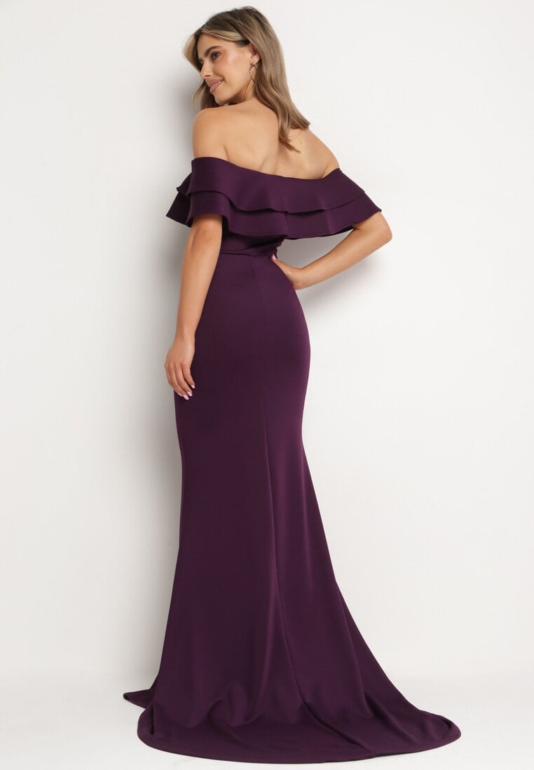 Fioletowa Elegancka Sukienka Typu Hiszpanka z Rozkloszowanym Dołem i Wycięciami Tumini