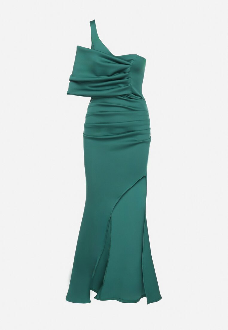 Zielona Sukienka Koktajlowa z Asymetryczną Górą i Ozdobnym Marszczeniem Flamelia