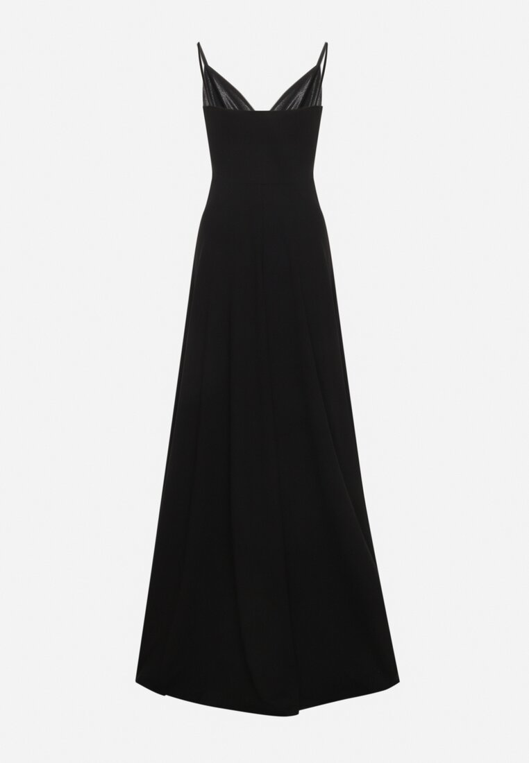 Czarna Rozkloszowana Klasyczna Sukienka z Kopertowym Dekoltem na Cienkich Ramiączkach z Rozcięciem Vinelia