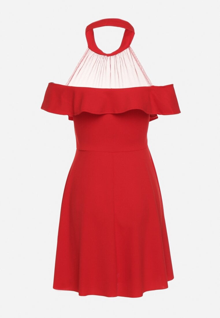 Czerwona Rozkloszowana Sukienka z Dekoltem ze Stójką i Siateczką Prantia